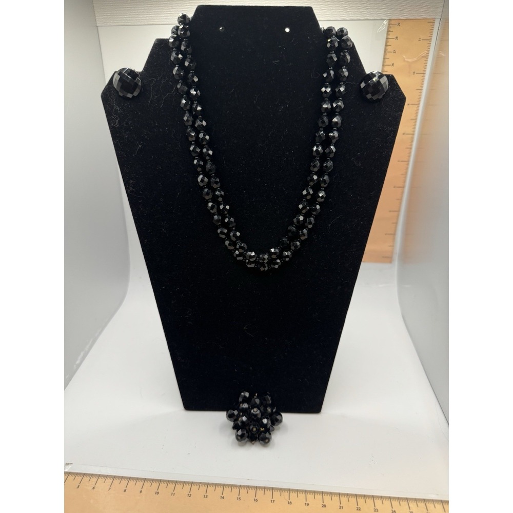 Vtg Jet Black Glass Faceted Necklace Clip-on Earrings And Brooch Set Mourning